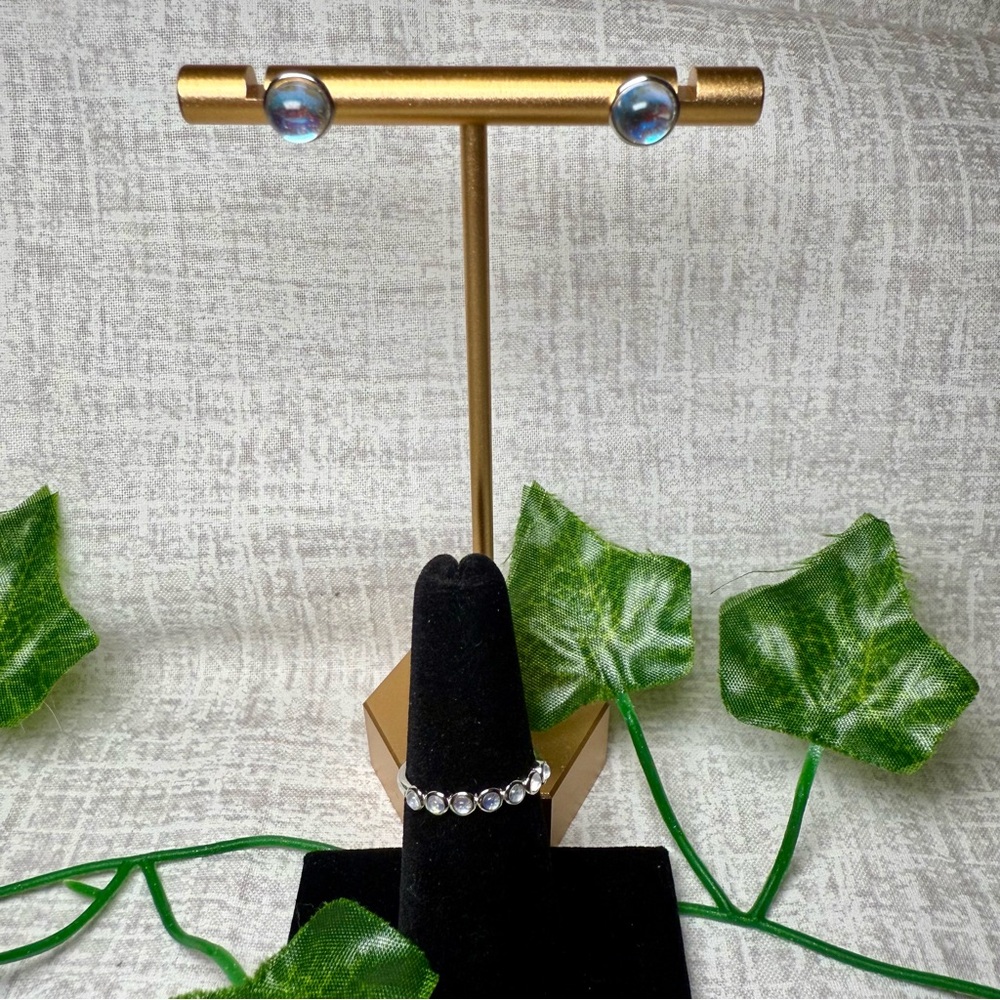 New Sterling Silver & Moonstone Jewelry Set: Ring (Size 6) & Earrings